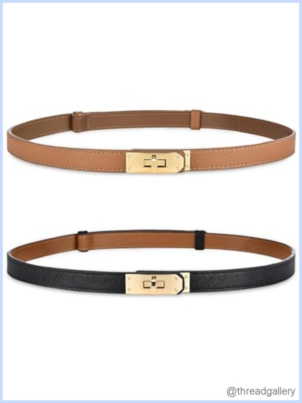 Skinny Leather Belt with Adjustable Golden Turn-Lock Buckle for Dresses Jeans